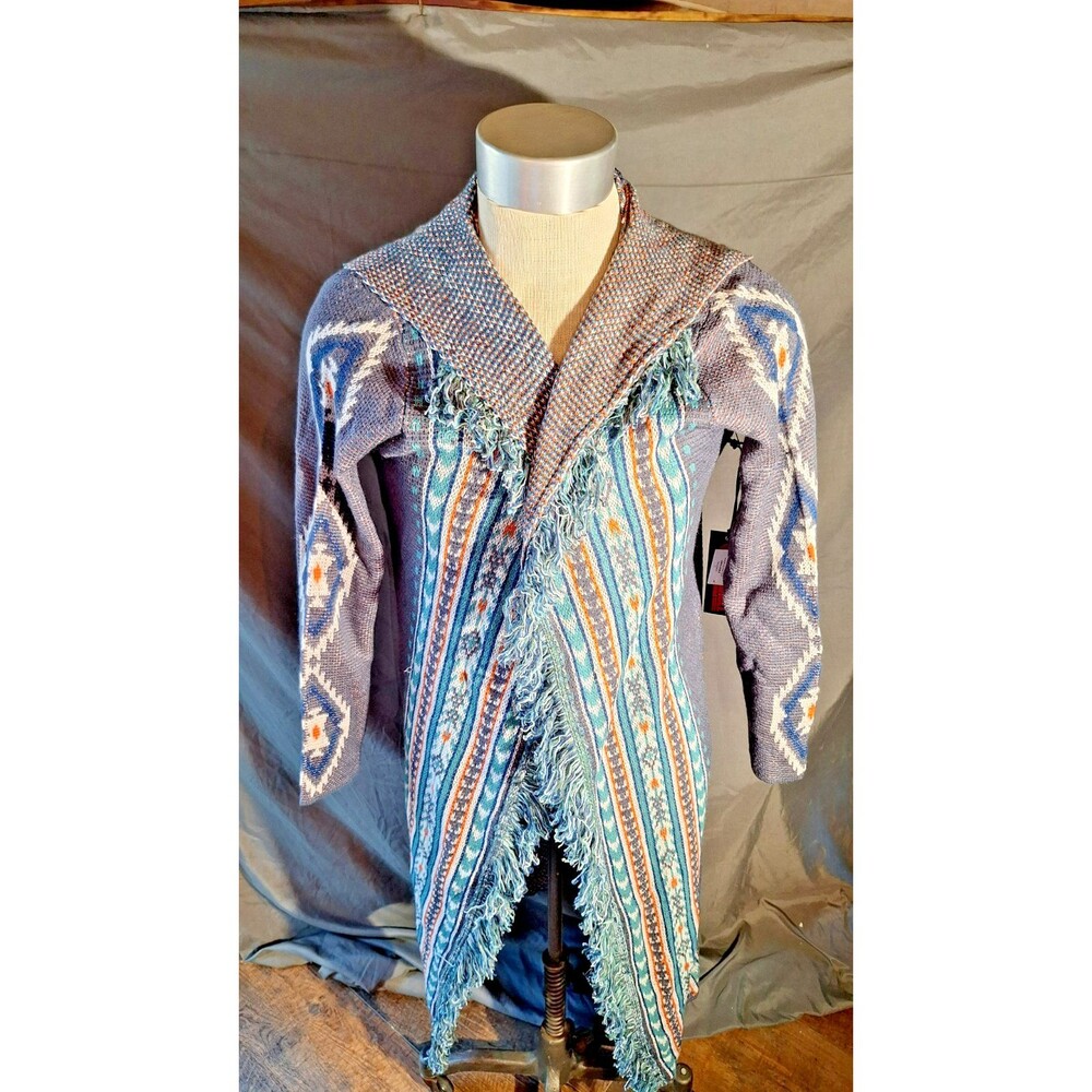 Aztec Southwestern Festival Bohemian Boho Long Open‎ Duster Cardigan Hood Fringe